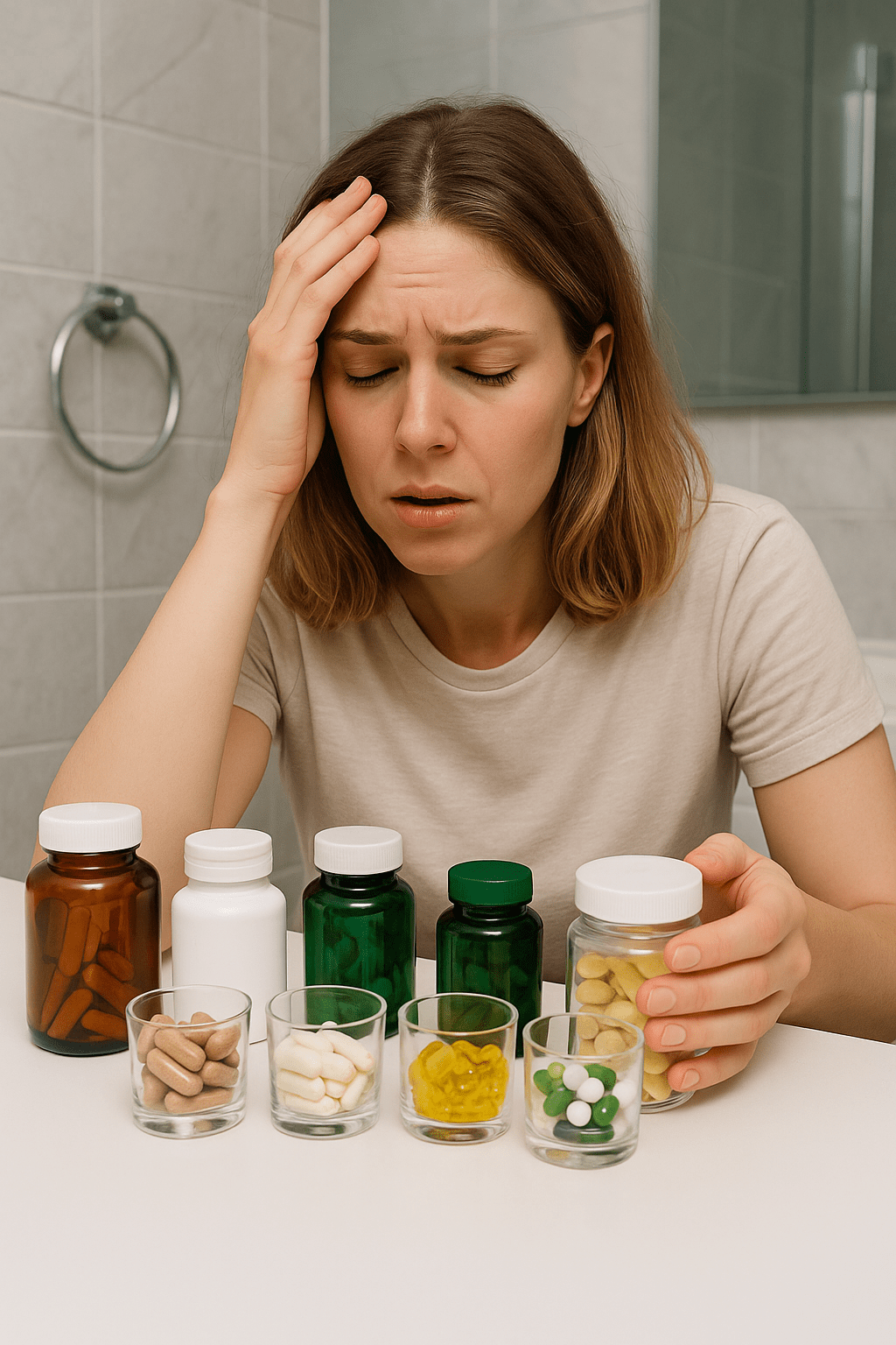 Person overwhelmed by supplement selection